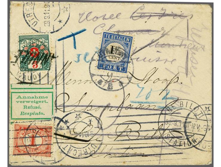 1½  cent donkerblauw op envelop van Utrecht 29-9-1911 naar De Bilt, doorgezonden naar Montreux (CH) alwaar beport en geweiger