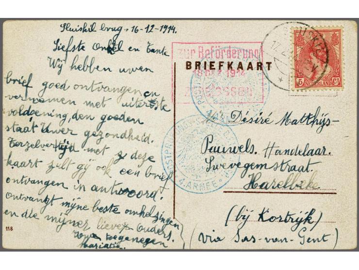 Rood kastje zur Beförderung/ 18 Dez.1914/ zugelassen op briefkaart en 5 cent Bontkraag van Sluiskil 17.2.14 naar Hazelbeke (b