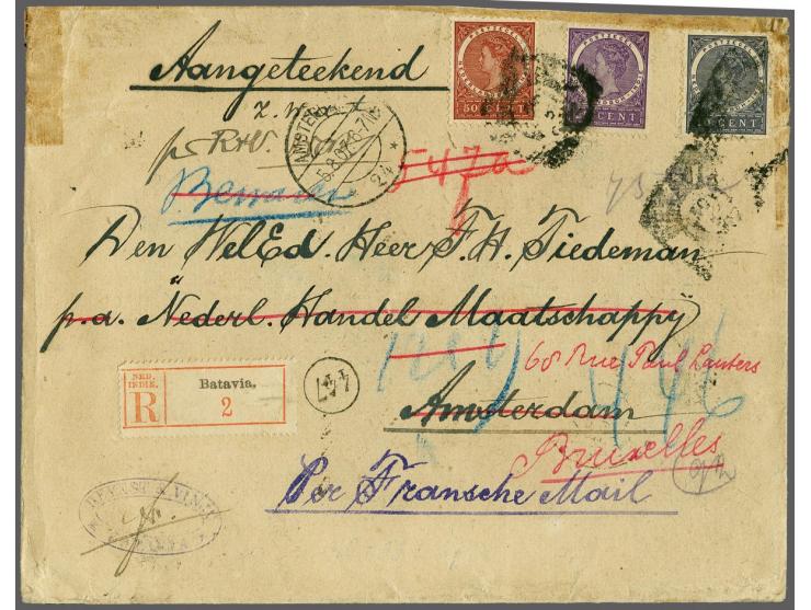 Veth 10 cent donkergrijs, 25 cent violet en 50 cent roodbruin op aangetekende zwerfenvelop van Batavia 11-5-1907 naar Amsterd