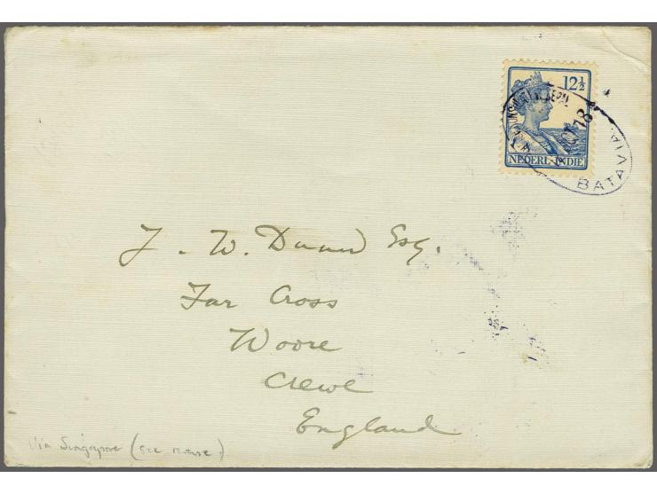 12½ cent blauw met ovaal stempel BRITISH CONSULATE NEPAL BATAVIA 12 oct 18 naar Engeland via Singapore 17 oc 1918, pracht ex.