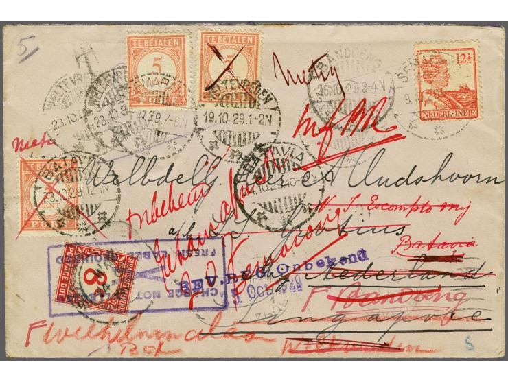 Envelop met 12½ cent koningin Wilhelmina rood van Semarang 9.10.29 naar passagier a/b S.S. Grotius Nederland/Singapore, aanko