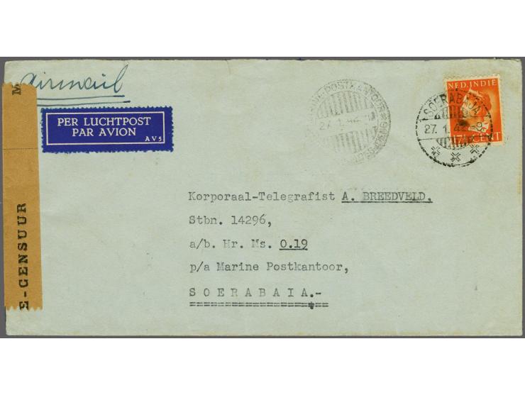 17½ cent oranje op luchtpost envelop Soerabaja 27.1.42 geadresseerd aan Korporaal-Telegrafist a/b Hr,Ms. O.19 p/a Marine Post