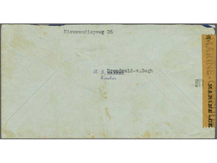 17½ cent oranje op luchtpost envelop Soerabaja 27.1.42 geadresseerd aan Korporaal-Telegrafist a/b Hr,Ms. O.19 p/a Marine Post