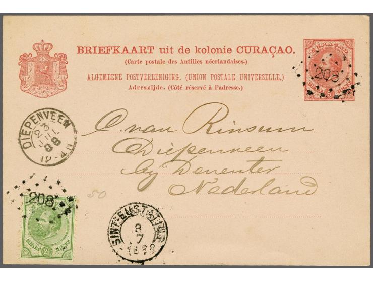 2½ cent groen (bijfrankering wegens zeerecht) op briefkaart 5 cent, beide puntstempel 208 St. Eustatius 8.7.1888 naar Diepenv