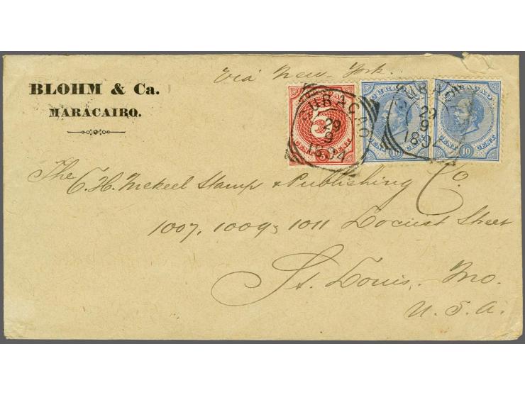 Willem III 10 cent ultramarijn (2x) en Cijfer 5 cent lichtrood op envelop 29-9-1894 over New York naar Saint Louis, Missouri 