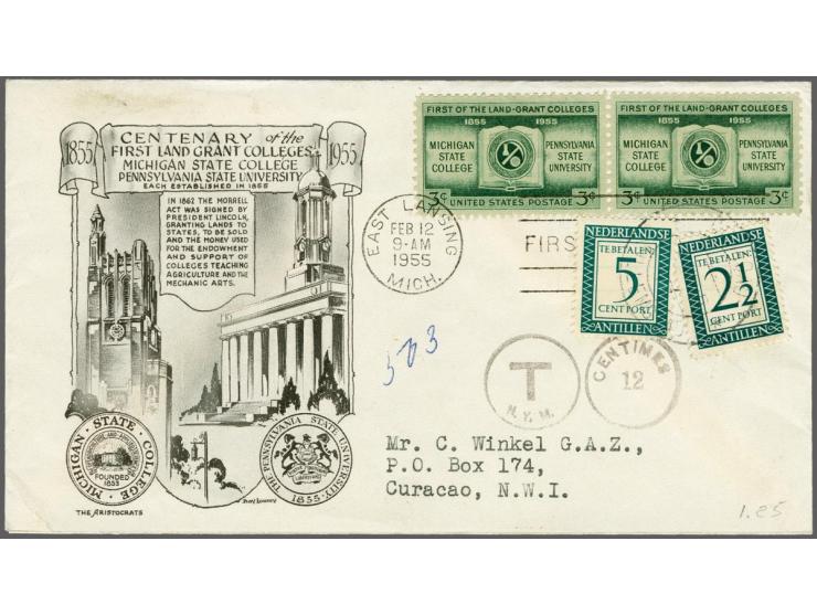 2½ cent en 5 cent groen op fdc uit East Lansing, Michigan 12-2-1955 naar Willemstad, pracht ex.