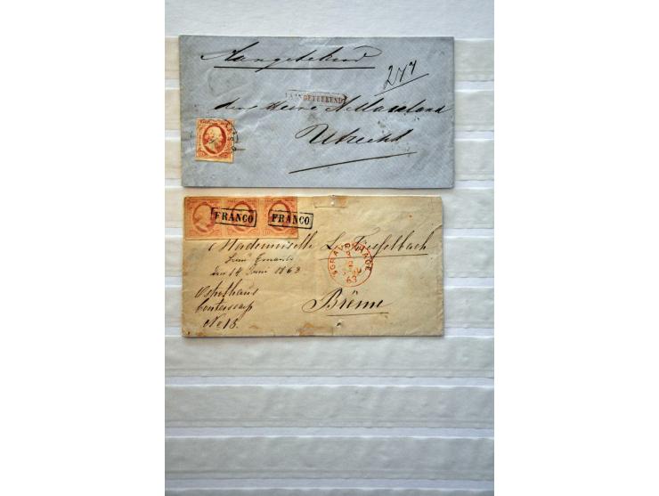 emissie 1852, collectie met nrs. 1 (51x w.b. paartje en 6 poststukken), 2 (66x w.b. 7 poststukken met o.a. strip van 3 op bri