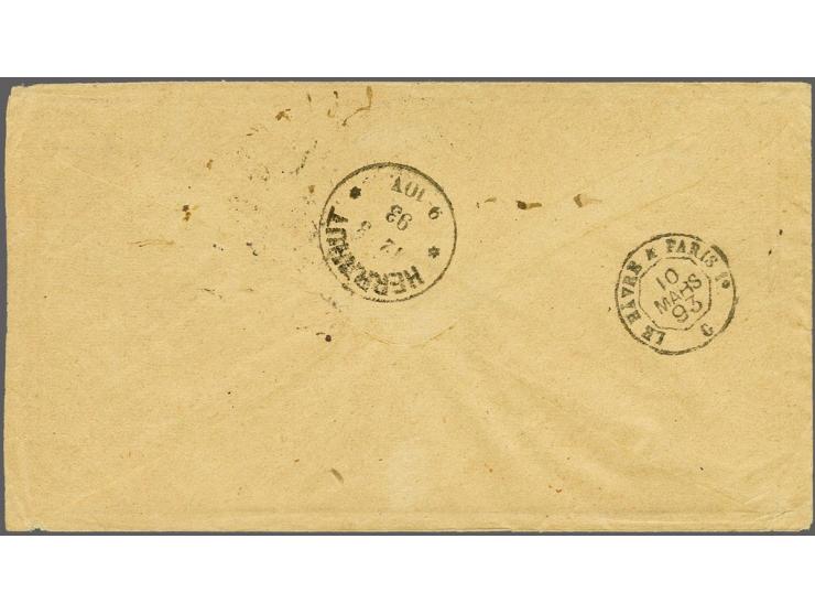 15 cent grijs, Cijfer 2½ cent karmijn in paar en hulpzegel 2½ cent geel en zwart in type I in paar op envelop van Paramaribo 