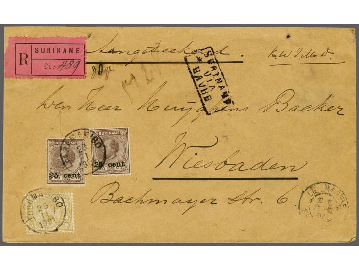 Hangend Haar 10 cent geelbruin en Hulpuitgifte 25 op 40 cent donkerbruin op aangetekende brief van Paramaribo 29-11-1901 over