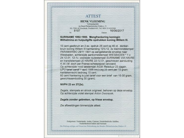 Hangend Haar 10 cent geelbruin en Hulpuitgifte 25 op 40 cent donkerbruin op aangetekende brief van Paramaribo 29-11-1901 over