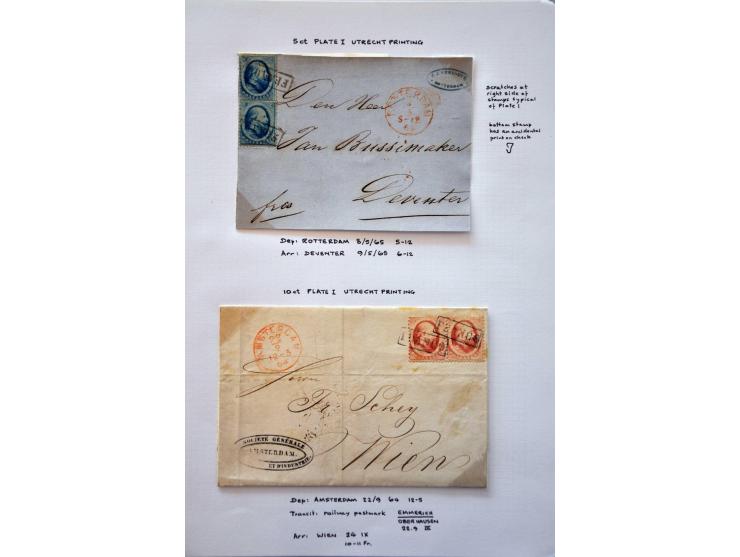 emissie 1864, kleine gespecialiseerde collectie met drukken en 9 poststukken op bladen