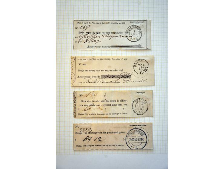 11 verzendbewijzen aangetekende stukken 1852-1888, invitatie-biljet voor afhalen aangetekende zending 1825, ongedateerde Kenn