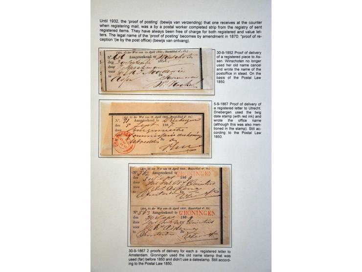 11 verzendbewijzen aangetekende stukken 1852-1888, invitatie-biljet voor afhalen aangetekende zending 1825, ongedateerde Kenn