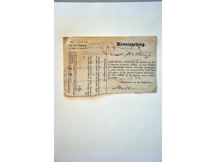 11 verzendbewijzen aangetekende stukken 1852-1888, invitatie-biljet voor afhalen aangetekende zending 1825, ongedateerde Kenn