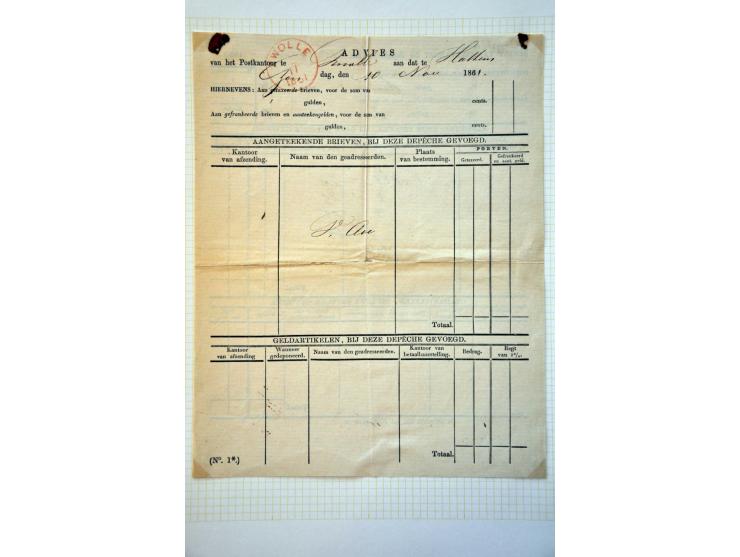 11 verzendbewijzen aangetekende stukken 1852-1888, invitatie-biljet voor afhalen aangetekende zending 1825, ongedateerde Kenn