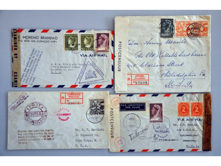 10 (lucht) poststukken w.b. met LP1/LP3, envelop Curaçao-Utrecht 7.5.1940 met Duitse censuur, stempel Remember etc.