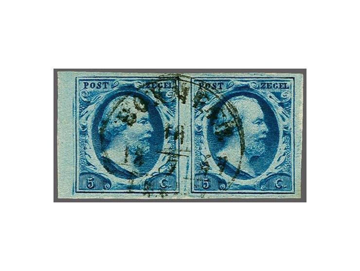 Boxmeer B (Ey 200) centraal op 5 cent donkerblauw plaat III pos. 86-87 in paar met velrand, pracht ex.