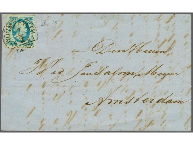 Wormerveer C (Ey 125) mooi op 5 cent blauw plaat IV pos. 18 op vouwbrief 7-2-1861 naar Amsterdam, fris pracht ex.