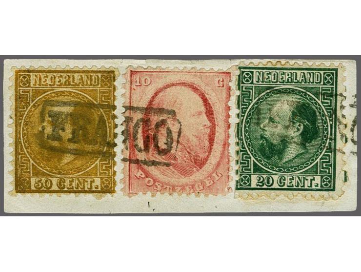 10 cent rood en emissie 1867 20 cent donkergroen type I tanding 12¾ x 11¾ en 50 cent goudkleur type I tanding 12¾ x 11¾ op fr