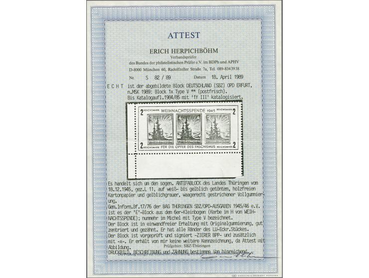 Weihnachtsspende 3 t/m 5 pfennig type V (Kerbe im H) op geelachtig houtvrij kartonpapier, met certificaat Herpichböhm 1989 en