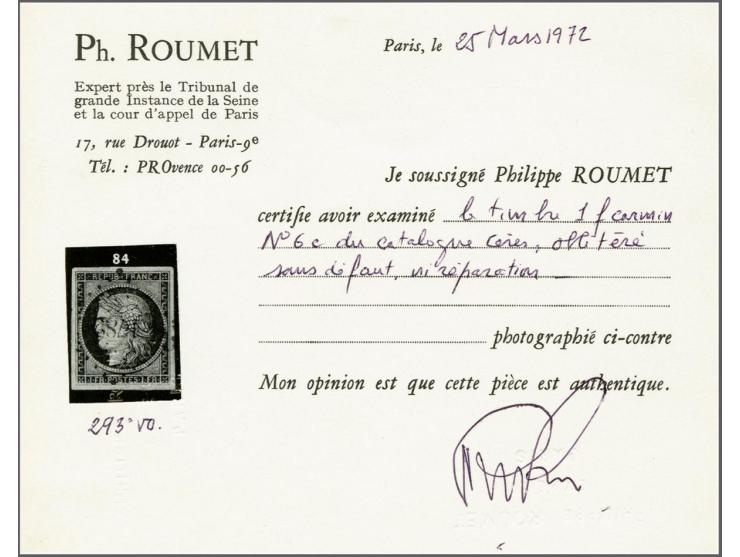 Cérès 1 franc karmijn, mooi gerand pracht ex. met certificaat Roumet 1972, cat.w. 950