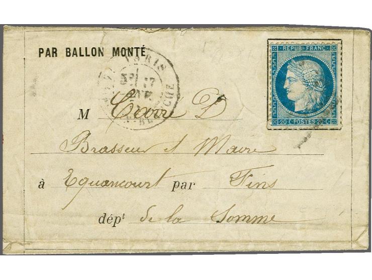 Cérès 20 centimes blauw op vouwbriefje per Ballon Monté La Poste de Paris 17-1-1871 naar Equancourt, vrijwel pracht ex.