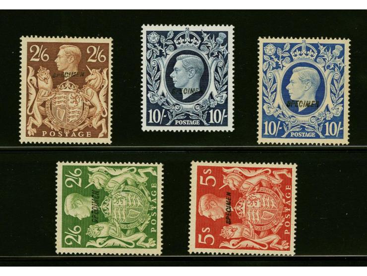 George VI 2s.6d. brown, 2s.6d. yellow-green, 5s. red, 10s. dark blue, 10s. ultramarine all overprinted with SPECIMEN type 23,