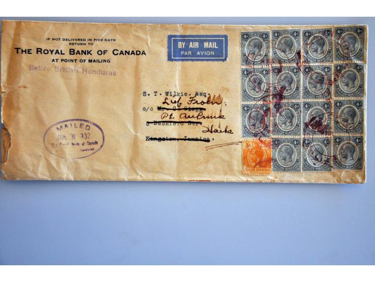 George V 2 cents orange (25x including 2 blocks of 12) and 4 cents grey (15x) on back and front of registered airmail cover f