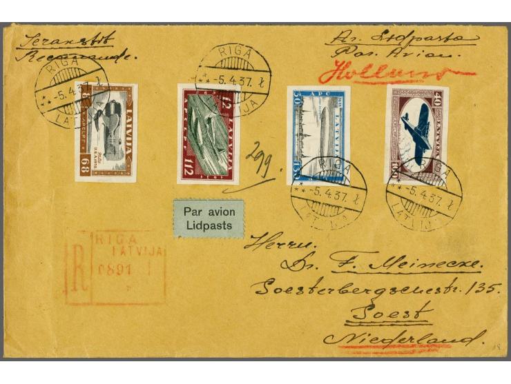 Wounded Latvian aviators 8 santimi - 40 santimi on registered envelope Riga 5-4-1937 via train Koln - Hannover to Soest Germa