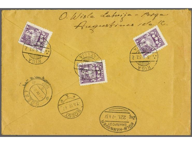 Wounded Latvian aviators 8 santimi - 40 santimi on registered envelope Riga 5-4-1937 via train Koln - Hannover to Soest Germa