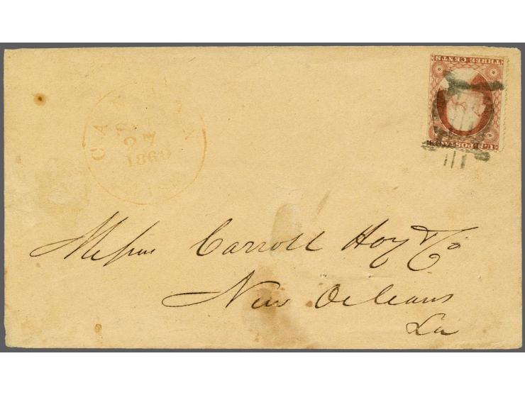 George Washington 3 cents dull red with a good strike of the Canton, Mississippi "Lyre" fancy cancel on cover 27-9-1860 to Ne