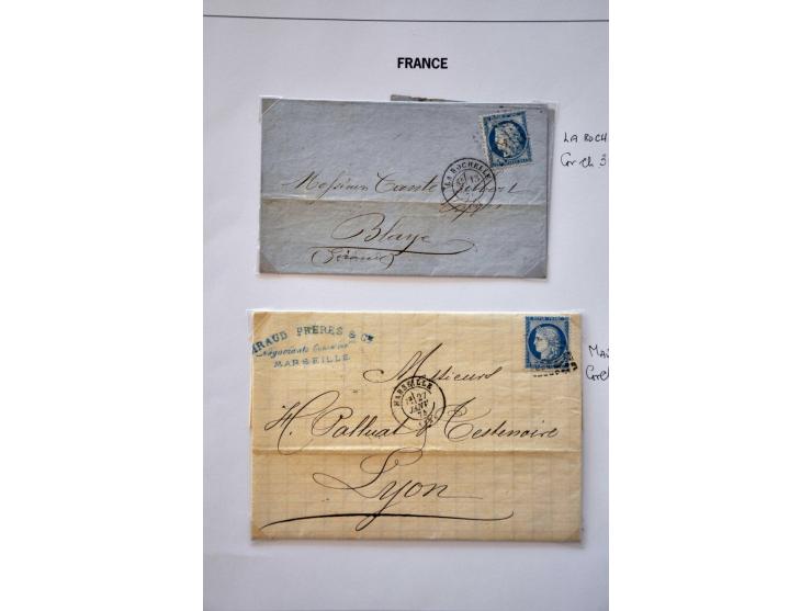 40 poststukken met 25 centimes Yv. nr. 60B (blauw driehoekje rechtsboven) w.b. plaatfouten en stempels op bladen