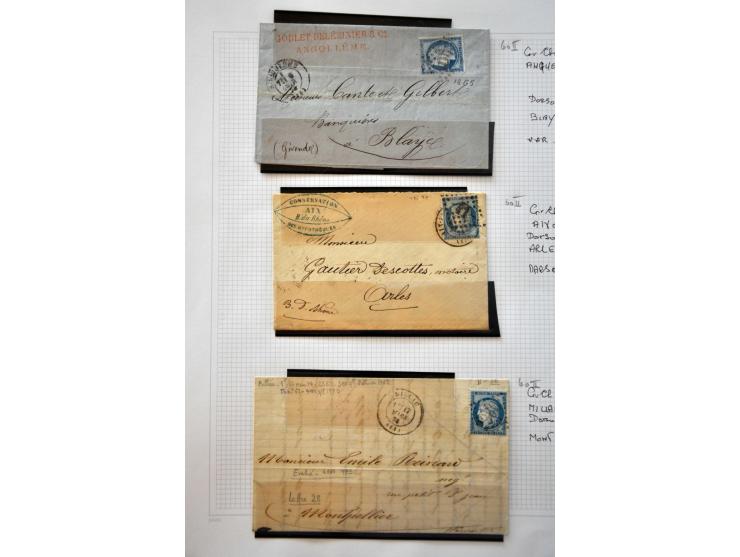 40 poststukken met 25 centimes Yv. nr. 60B (blauw driehoekje rechtsboven) w.b. plaatfouten en stempels op bladen