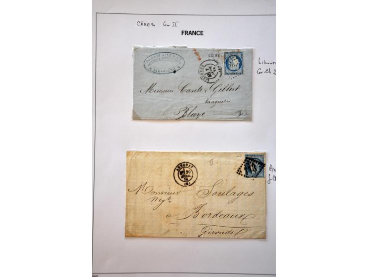 40 poststukken met 25 centimes Yv. nr. 60B (blauw driehoekje rechtsboven) w.b. plaatfouten en stempels op bladen