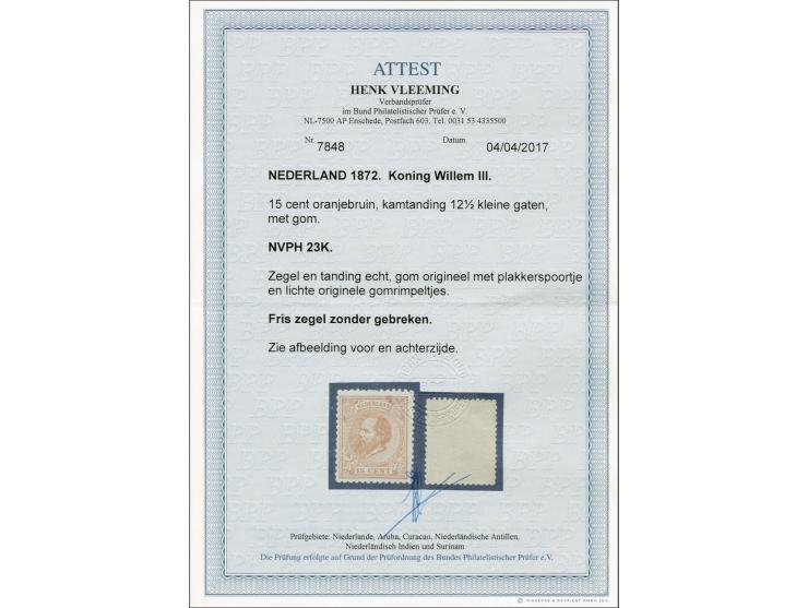 15 cent oranjebruin tanding 12½ kleine gaten, pracht ex. met certificaat Vleeming 2017, cat.w. 600