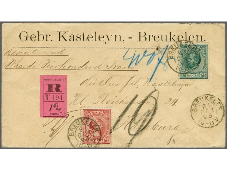 22½ cent blauwgroen en Hangend Haar 10 cent rood op aangetekende envelop met aangegeven waarde van Breukelen 21-10-1893 naar 