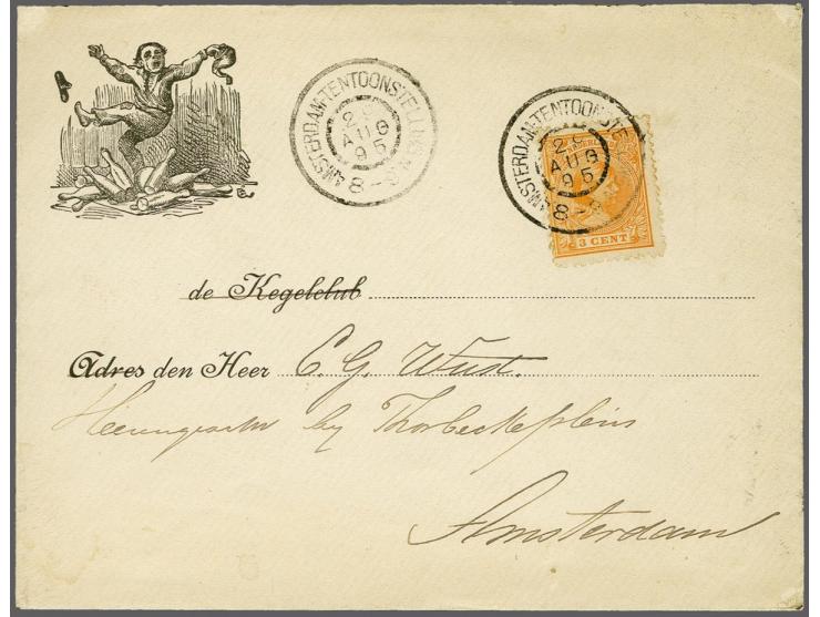 3 cent oranje op mooie envelop van de kegelclub met grootrondstempel Amsterdam-Tentoonstelling 29-8-1895 lokaal verstuurd, vr