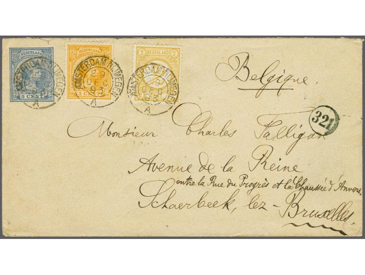 3 cent oranje en Cijfer 2 cent okergeel als bijfrankering op envelop G. 5 van Amsterdam 29-12-1893 naar Brussel, pracht ex.