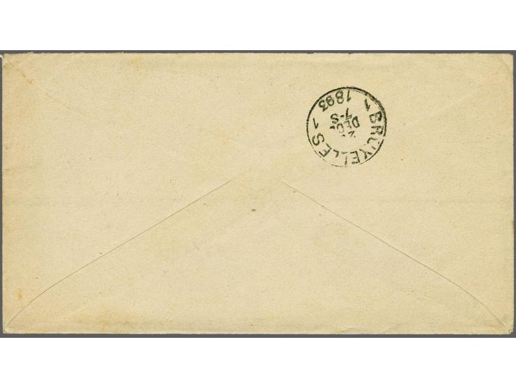 3 cent oranje en Cijfer 2 cent okergeel als bijfrankering op envelop G. 5 van Amsterdam 29-12-1893 naar Brussel, pracht ex.