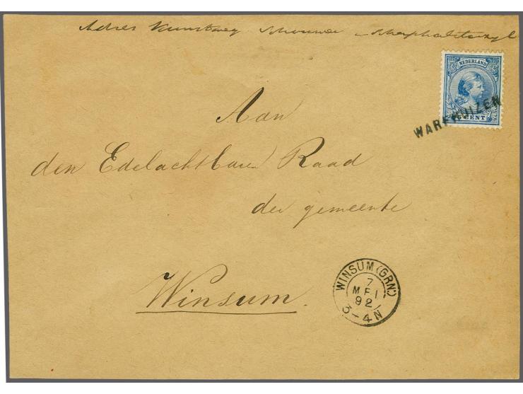 5 cent blauw met langstempel Warfhuizen op envelop 7--5-1892 naar Winsum, pracht ex.