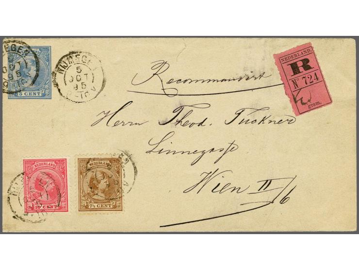 7½ cent bruin en 10 cent roze op aangetekende envelop G. 5 van Nijmegen 5-10-1895 naar Wenen, pracht ex.