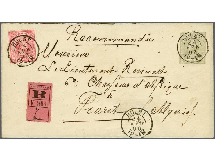 10 cent roze op aangetekende envelop G. 2 van Hulst 24-4-1896 naar Tiaret (Algerije), fris pracht ex. Lastige bestemming!