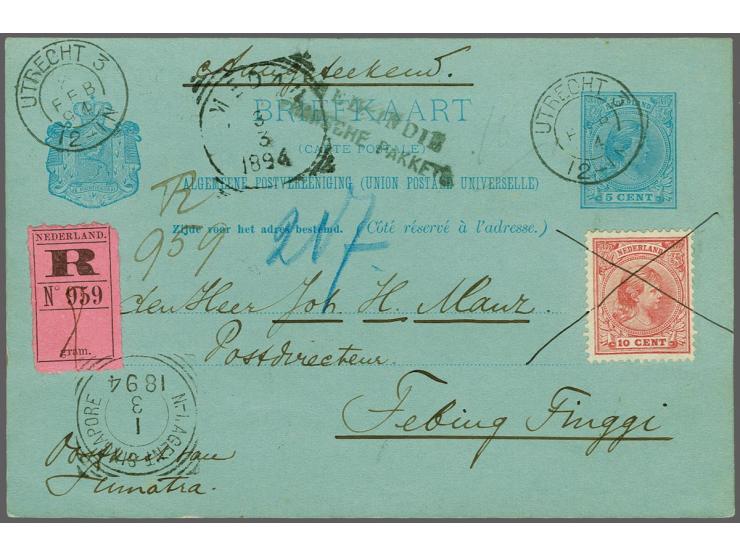 10 cent roze met penvernietiging op aangetekende briefkaart G. 31 van Utrecht 2-2-1894 over Singapore en Medan naar Tebing Ti