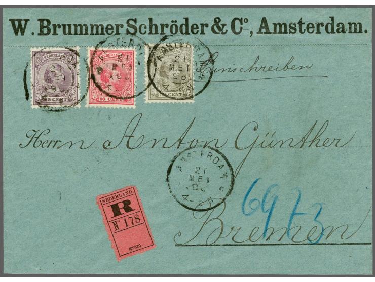 10 cent rood, 12½ cent grijs en 25 cent violet op aangetekende envelop van Amsterdam 21-5-1896 naar Bremen, pracht ex. (nr. 3