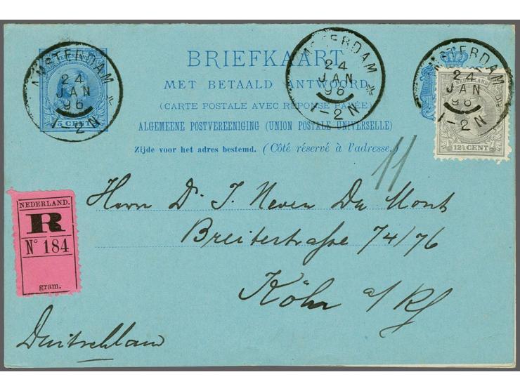 12½ cent grijs op aangetekende briefkaart G. 30 van Amsterdam 24-1-1896 naar Keulen, zeer fris pracht ex.