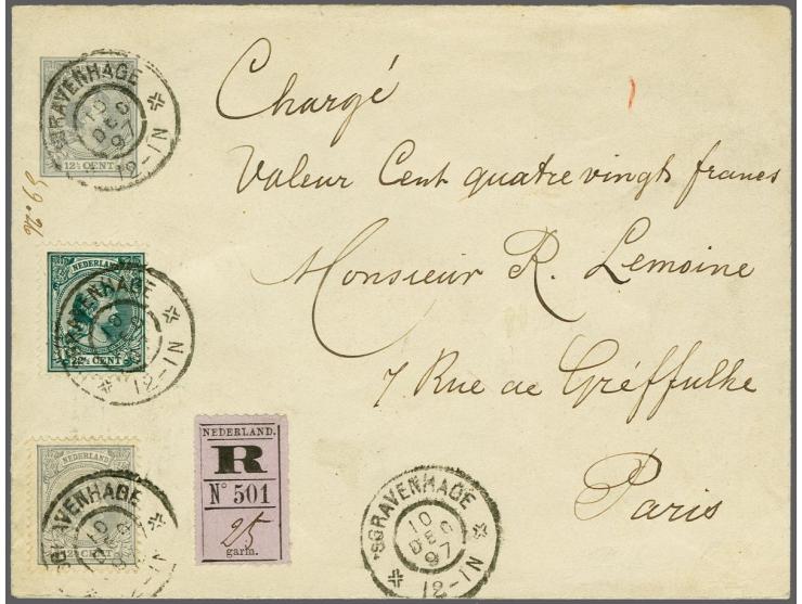 12½ cent grijs en 22½ cent zwartgroen op aangetekende envelop G. 7 met aangegeven waarde van Den Haag 10-12-1897 naar Parijs,