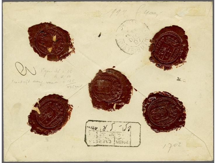 12½ cent grijs en 22½ cent zwartgroen op aangetekende envelop G. 7 met aangegeven waarde van Den Haag 10-12-1897 naar Parijs,