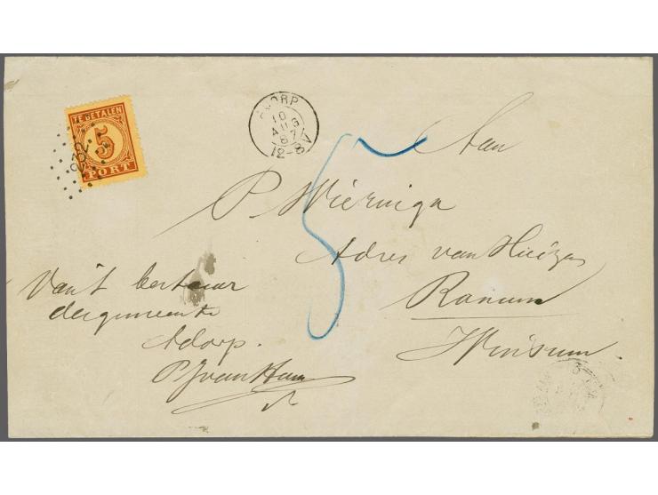 232 - Winsum - op port 5 cent op dichtgeplakte circulaire uit Adorp 10-8-1887, pracht ex.