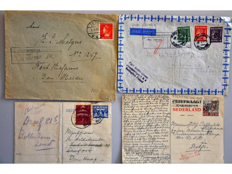 185 poststukken, formulieren, etc. gevangenen na 1945 w.b. POD, met groen en blauw stempel Politieke Opsporingsdienst Drachte