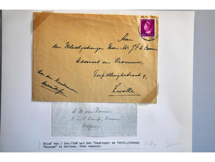 185 poststukken, formulieren, etc. gevangenen na 1945 w.b. POD, met groen en blauw stempel Politieke Opsporingsdienst Drachte